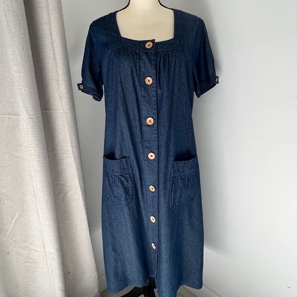 Vintage Vicki Blue Short Sleeve Jean Dress Dark Wash Denim Button Down Size L - Picture 2 of 8